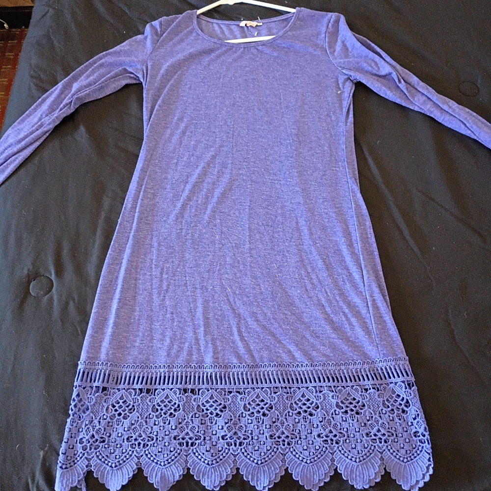 Purple Long Sleeve Dress with Lace Hem